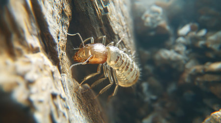 A close-up of a termite emerging from a wooden structure, with its pale, translucent body and detailed legs in high focus, illustrating the insect's impact on its environment.の素材
