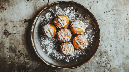Six delicious homemade doughnuts arranged on a rustic plate, topped with icing and powdered sugar, creating an inviting and appetizing presentation for dessert lovers.の素材