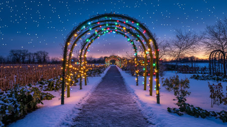 A captivating winter pathway adorned with colorful lights shines under a starry sky, creating a serene atmosphere in a snowy garden landscape.の素材