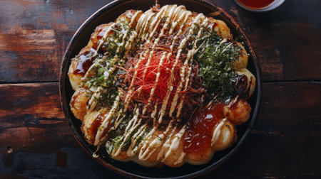 A beautifully arranged plate of takoyaki topped with sauce, bonito flakes, and seaweed. This delicious Japanese snack showcases vibrant colors and textures.の素材