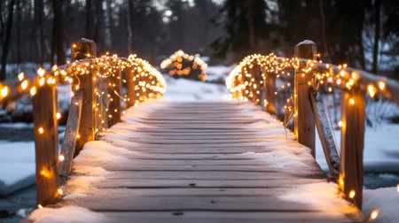 A charming wooden bridge adorned with glowing fairy lights. Surrounded by snow and trees, this serene winter scene captures the magic of a peaceful evening in nature.の素材