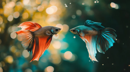 Two vibrant betta fish exhibit their graceful swimming in serene aquarium water. Their colorful fins and body create a beautiful aquatic display.の素材