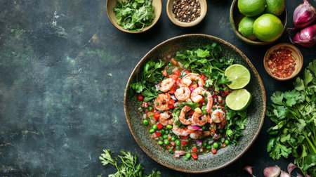 This vibrant shrimp salad features fresh herbs, crunchy peas, and zesty lime, creating a colorful and healthy dish perfect for any occasion.の素材