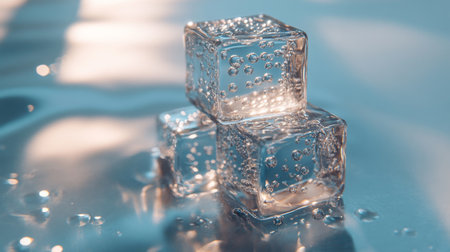 Bright and airy composition featuring clear ice cubes with bubbles on a shimmering water surface. Ideal for beverage or summer-themed projects.の素材
