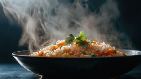 A close-up shot of a bowl of hot steamed rice, garnished with a small sprig of cilantro, with steam rising against a dark background for a dramatic and appetizing look.の素材