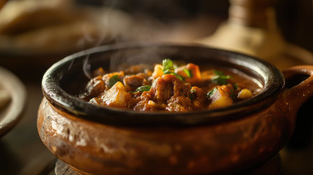 A close-up of a traditional clay pot with a steaming, savory stew inside, set on a rustic table with a focus on the rich, comforting food and the pot's texture.の素材