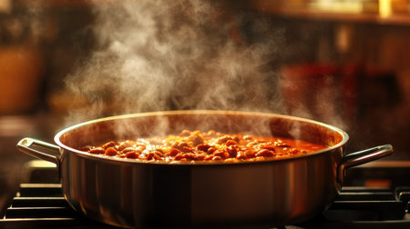 A close-up of a steaming pot of homemade chili on the stove, with rich, red sauce and chunks of meat and beans clearly visible, set against a warm kitchen backdrop.の素材
