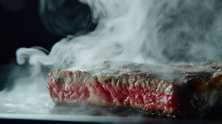 A close-up of a steak being sliced, revealing a juicy, pink center, with steam rising, emphasizing the tenderness and flavor that comes with a well-cooked steak.の素材