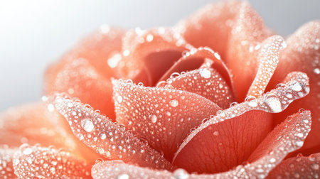 A close-up of a vibrant, dew-kissed rose with intricate petal details and soft morning light glistening on the droplets.の素材