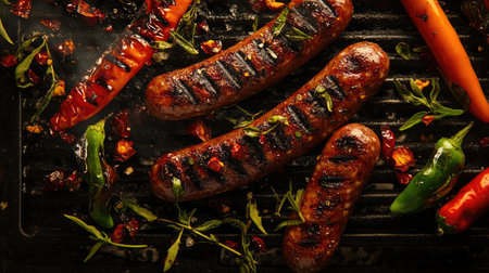 A close-up of perfectly grilled sausages sizzling on a barbecue grill, with smoky char marks, served with fresh herbs and colorful peppers, creating an appetizing outdoor dining scene.の素材