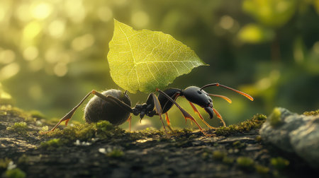 A close-up of a worker ant carrying a leaf, with fine details of its legs, mandibles, and thorax captured, highlighting its industrious behavior in a natural setting.の素材