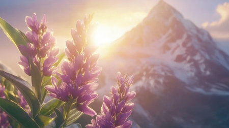 A close-up of mountain flowers in the foreground, bathed in soft morning light as the sun rises behind the peaks, highlighting the delicate beauty of natureの素材