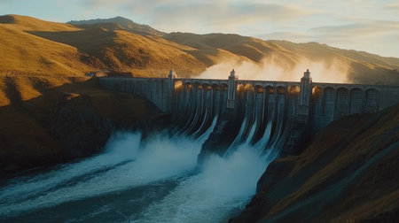 A close-up of the intricate details of a large dam's structure, showcasing the concrete design and water flow, framed by a backdrop of rolling hillsの素材