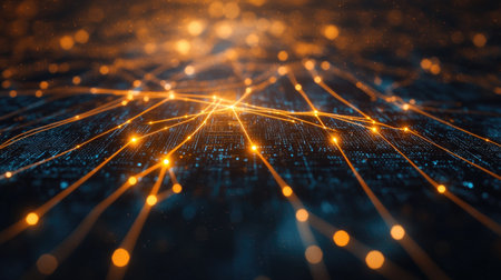 A close-up shot of a glowing microchip with digital lines extending outward, symbolizing the core of a digital network that connects devices and transfers data seamlessly.の素材