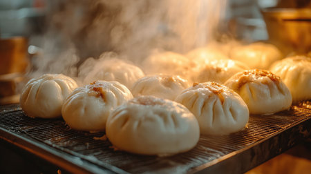 A close-up of soft, fluffy bao buns filled with savory pork, glistening under soft lighting, inviting viewers to indulge in the deliciousness of this popular street food.の素材