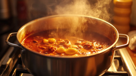 A close-up of a steaming pot of homemade chili on the stove, with rich, red sauce and chunks of meat and beans clearly visible, set against a warm kitchen backdrop.の素材