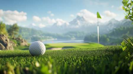 A picturesque view of a golf ball resting on the lush green grass of a beautiful golf course, surrounded by majestic mountains and a clear blue sky.の素材