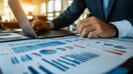 A businessman analyzes financial charts and reports on his laptop, illustrating professional data evaluation and strategic planning in a modern office setting.の素材