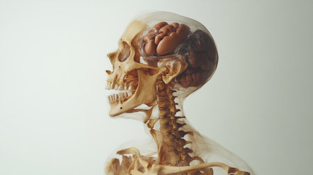 A captivating side view of a human skeleton showcases detailed anatomy, including the brain structure. This educational image serves as an ideal resource for biology and medical studies.の素材