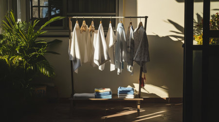 A beautifully arranged clothes rack indoors, showcasing various garments and towels under warm sunlight. The soft shadows and plant add a serene ambiance.の素材