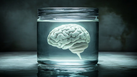 This striking image features a translucent brain suspended in water inside a glass jar, creating a distinctive visual that symbolizes thought and consciousness.の素材