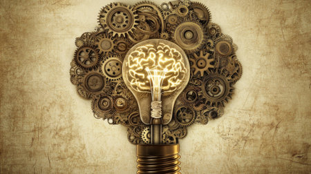 This captivating image features a light bulb with a brain design, surrounded by intricate gears, symbolizing the fusion of creativity and technology in problem-solving and innovation.の素材