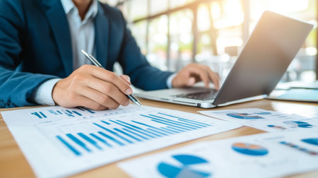 A businessman analyzes financial data using a laptop in a bright office. Charts and graphs are spread across the desk, illustrating the importance of data-driven decisions in modern business environments.の素材