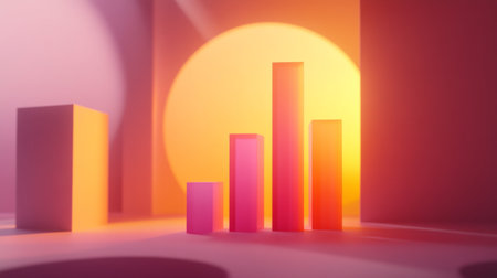 This abstract image showcases a vibrant 3D bar graph illuminated by soft light, representing growth and data analysis in a creative and modern context.の素材