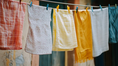 Colorful fabric pieces hang on a clothesline under soft sunlight, showcasing vibrant patterns and textures. This fresh outdoor laundry scene evokes warmth and simplicity.の素材