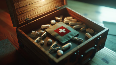 A close-up view of a first aid kit resting inside a wooden box filled with assorted medications. The rustic setting highlights the importance of health and safety in everyday emergencies.の素材