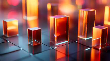 This captivating abstract image features glowing orange geometric shapes arranged on a smooth surface, showcasing vibrant colors and modern design elements.の素材