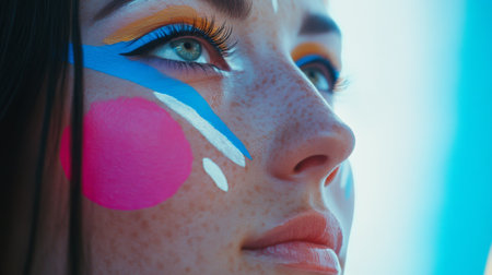 A stunning close-up image of a woman showcasing vibrant face paint and freckles, capturing her expressive eyes and unique beauty. Perfect for artistic themes.の素材