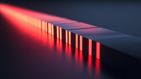 A striking abstract composition featuring a gradient of red light, showcasing sharp lines and reflective surfaces that create a modern, dynamic aesthetic.の素材