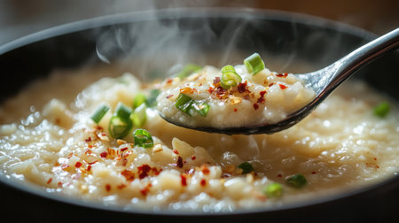 A close-up shot of a spoon scooping hot rice porridge from a bowl, with steam rising and fresh ginger, green onions, and chili flakes sprinkled on top.の素材
