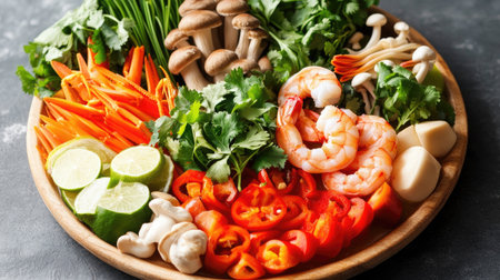 A colorful platter of fresh ingredients for tom yum soup, including shrimp, mushrooms, and herbs, ready to be cooked, highlighting the dish's freshnessの素材