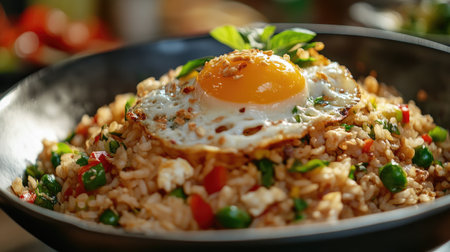 A colorful street food stall where a vendor serves Thai basil fried rice topped with a fried egg, with hungry customers eagerly waiting, capturing the vibrant essence of Thai street food culture.の素材