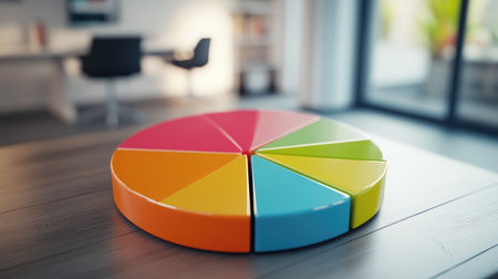 A colorful D pie chart vividly displaying market share distribution, with labeled segments and dynamic shadows, set against a sleek office background, emphasizing data visualization and analysis.の素材
