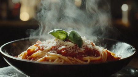 A close-up shot of a steaming bowl of spaghetti topped with rich marinara sauce and garnished with fresh basil and grated Parmesan, showcasing the mouthwatering appeal of this beloved dish.の素材
