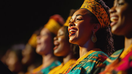 A cultural performance showcasing a choir in traditional costumes, singing songs that reflect their heritage, creating a vibrant celebration of music and cultural identity.の素材