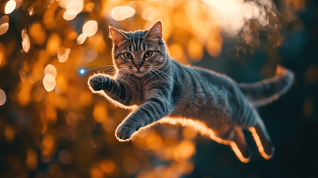 A curious cat leaping into the air to catch a laser pointer dot, with a dynamic action shot showing its agility and playful nature in a vibrant setting.の素材