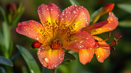A delicate flower in full bloom, its colorful petals sparkling with dew drops in the early morning sunlight, highlighting the freshness of a new dayの素材