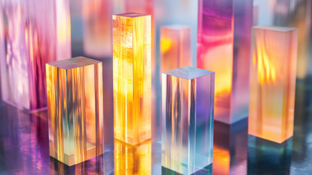 A creative composition featuring multiple D bar charts on a glass surface, reflecting light and colors, symbolizing complex data analysis and decision-making processes in a corporate environment.の素材
