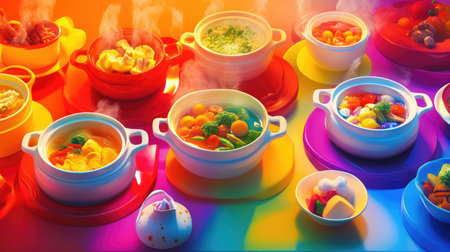 A colorful display of various hot pots on a dining table, filled with diverse ingredients, inviting diners to enjoy a unique culinary experience and create their own flavors.の素材