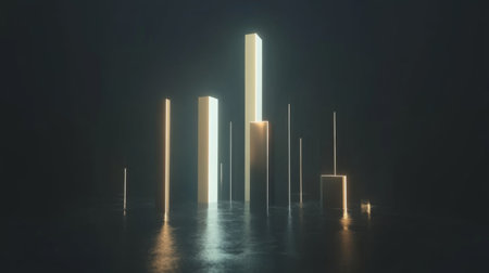 This striking image features abstract vertical light structures in a dimly lit environment, showcasing reflections and shadows that create a captivating and surreal atmosphere.の素材