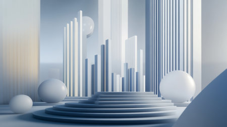 A serene and modern abstract architectural scene featuring geometric shapes and soft colors, blending spheres, lines, and layers to create a harmonious environment.の素材