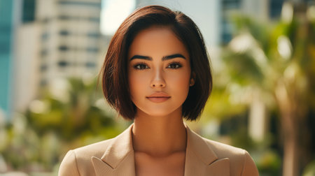 A confident young woman stands in an urban environment surrounded by greenery. Her short hair frames her face beautifully as she smiles radiantly.の素材