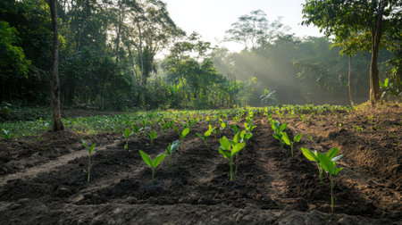 A serene view of young plants emerging from rich soil, illuminated by soft morning sunlight. This image captures the beauty of nature and agricultural growth in a peaceful setting.の素材