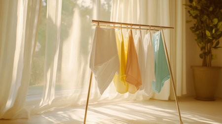 A serene indoor scene featuring a wooden drying rack holding colorful clothes in soft pastel shades, illuminated by warm sunlight.の素材