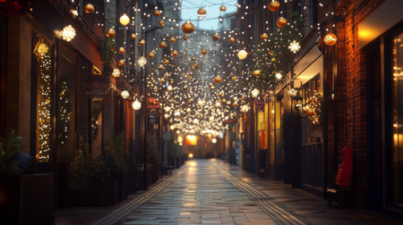 A charming alleyway beautifully adorned with twinkling lights and festive decorations, creating a magical atmosphere perfect for winter celebrations.の素材