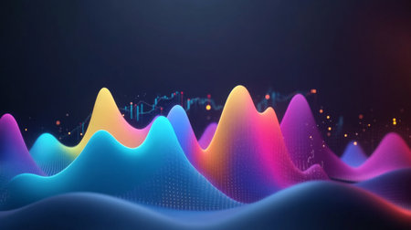 Vibrant abstract visualization of colorful waveforms showcasing fluid motion and energy, ideal for digital backgrounds, presentations, and creative projects.の素材